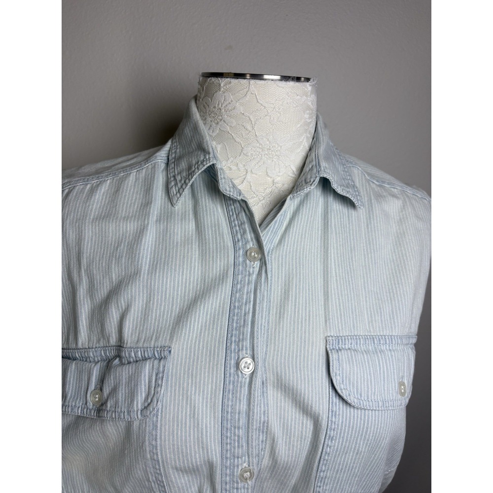 Vintage Off Base Men S Light Blue Sleeveless Button Up Hickory Stripe Cotton - Picture 7 of 14